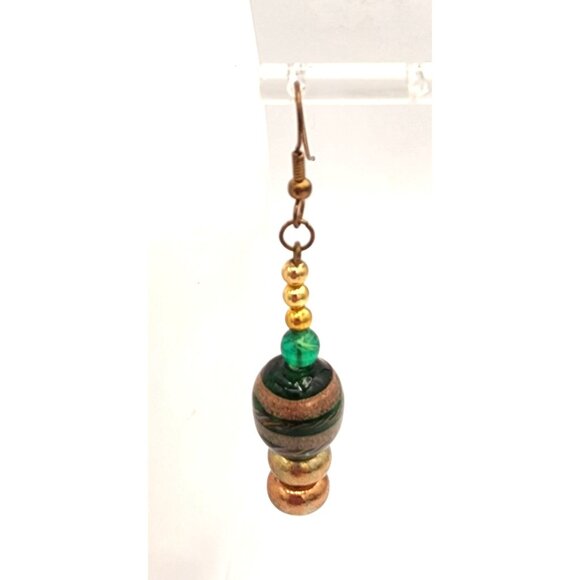Handcrafted Brass & Coppery Murano Glass Beaded Dangle Earrings Warm Fall Colors - Picture 4 of 5